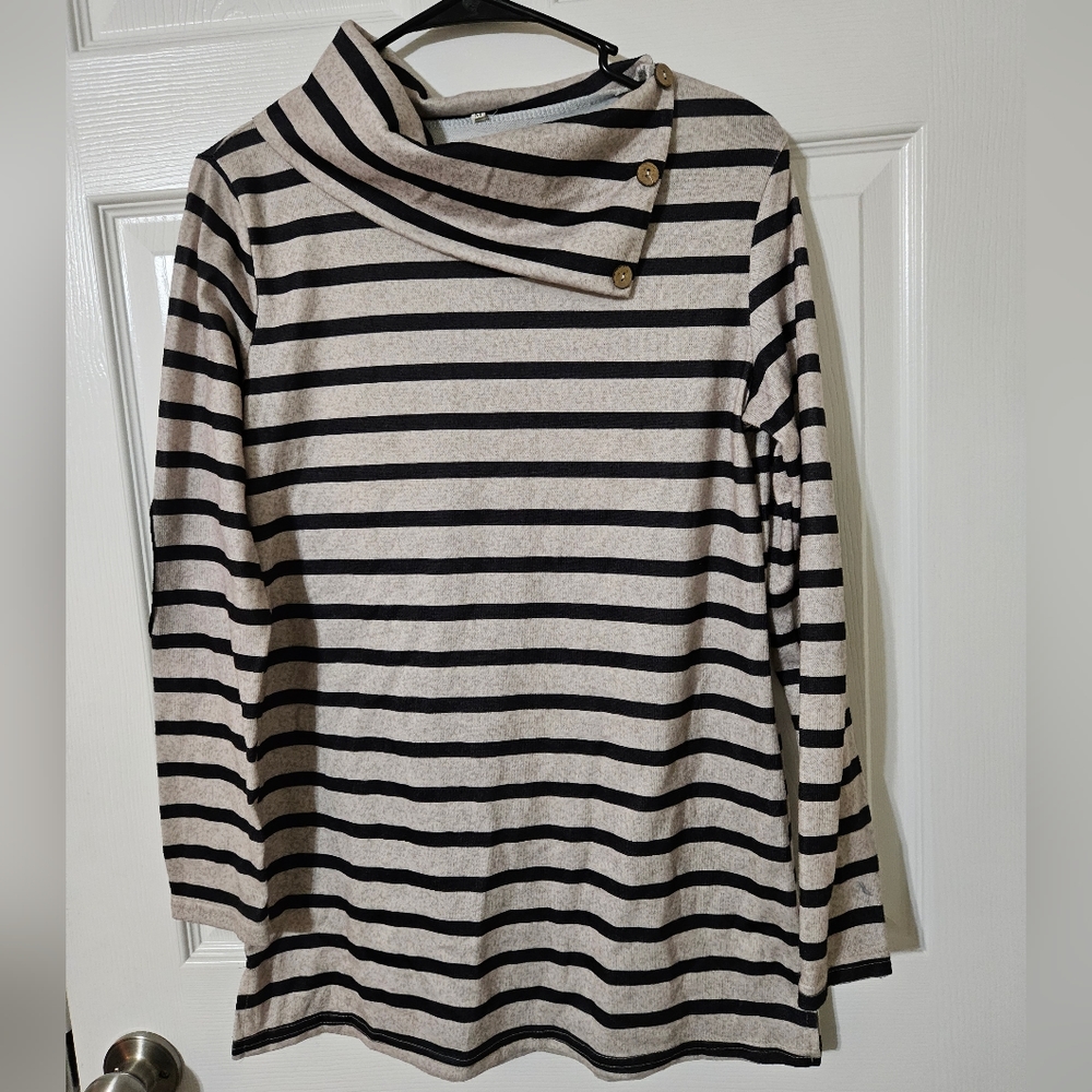 Women's Black & Beige Stripe Tunic, M
